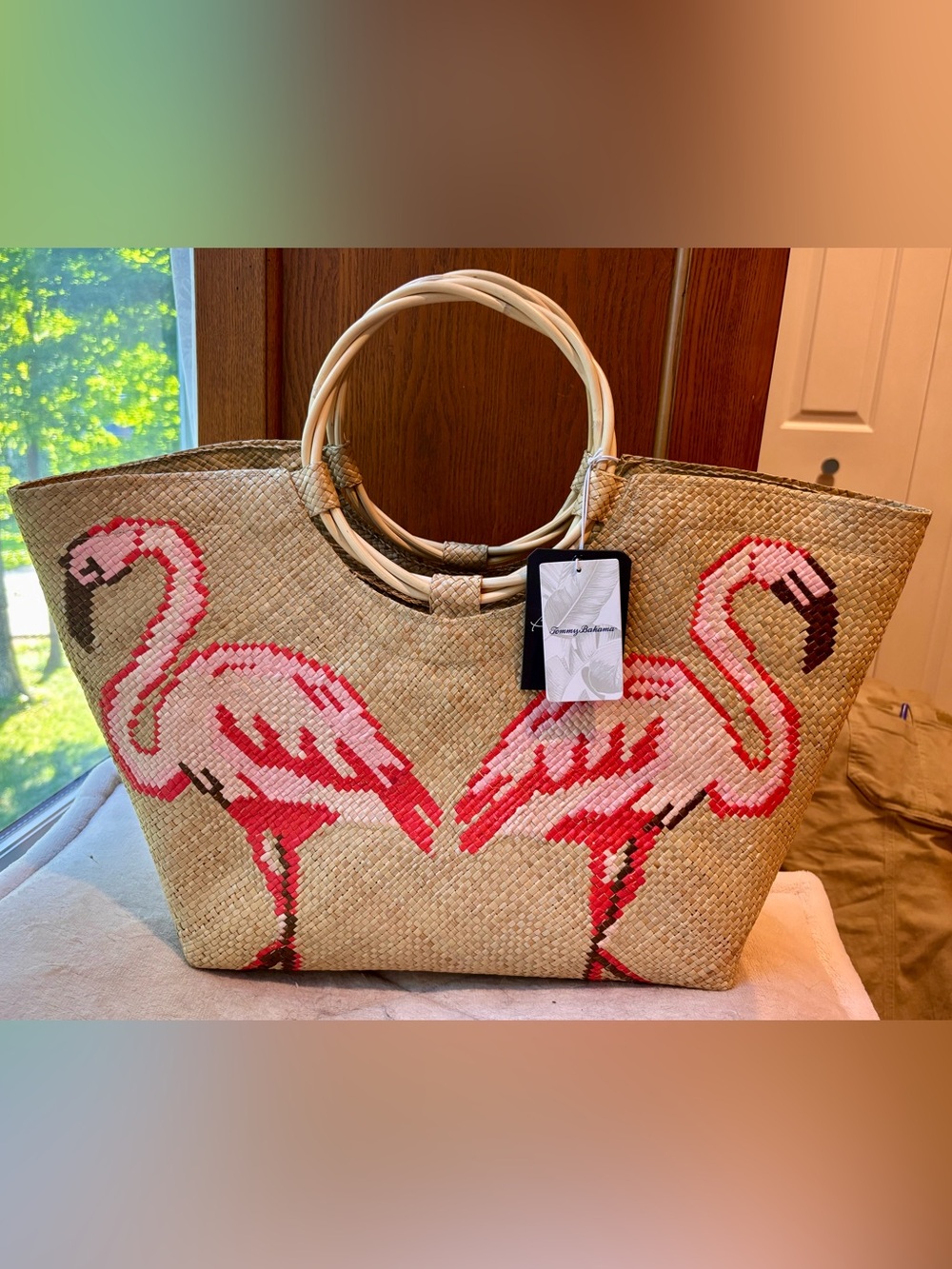 NWT Tommy Bahama X Banago Hand woven Flamingo Woven Tote - Picture 13 of 14